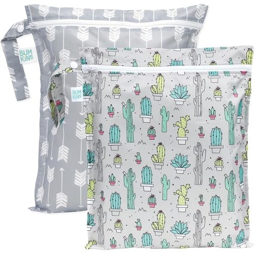 Bumkins - Waterproof Wet Bag - For Baby, Travel, Swim Suit, Cloth Diapers, Pump Parts, Pool, Gym, Toiletry, Strap to Stroller - Reusable & Easy to Clean - 2pk - Cactus & Arrows