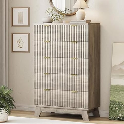 Fluted Dresser for Bedroom with 6 Drawers, 46" Tall Modern Chest of Drawers with Metal Handle, Wooden Dresser TV Stand, Wood Closet Clothes Storage Organizer for Living Room, Hallway, Grey