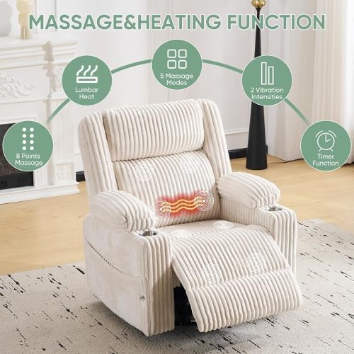 Power Recliner Chair with Massage and Heat, Nursery Glider with Arm Storage and Cup Holder, Beige