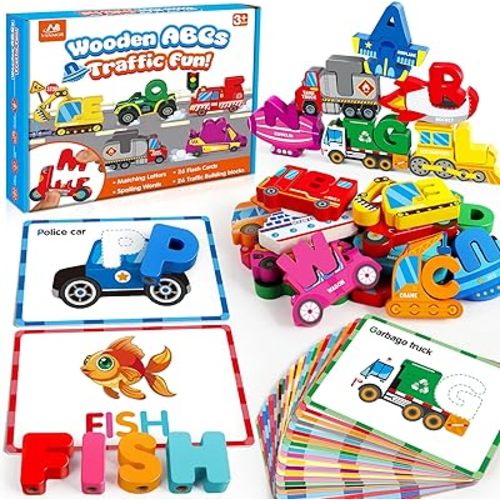 Vanmor Wooden Vehicle Alphabet Puzzle for Toddlers, Traffic ABC Letter Sight Words Matching Game with 52 Blocks and Flash Cards, Montessori Spelling Game Learning Toys, Easter Basket Stuffers for Kids