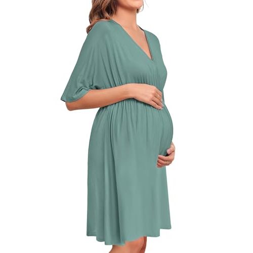 SWOMOG Women 3 in 1 Delivery/Labor/Nursing Nightgown Short Sleeve Pleated Maternity Sleepwear for Breastfeeding