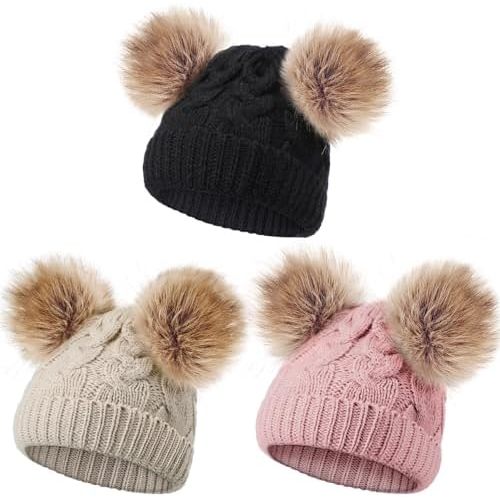 3 Pieces Baby Beanies Toddler Kids Hats Winter Double Pompom Beanies Caps Knitted for Girls Boys