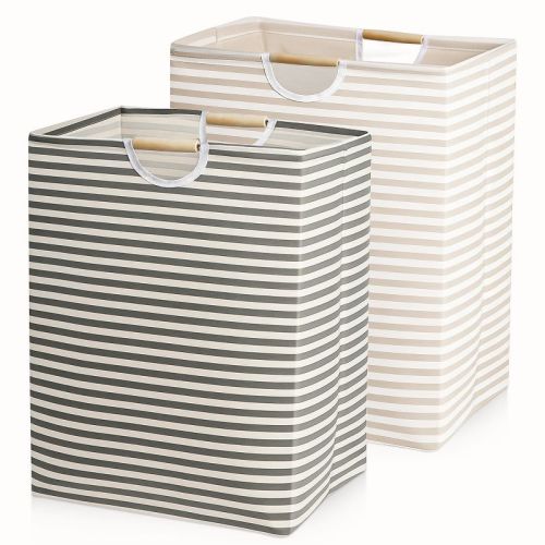 2x Collapsible Laundry Basket, Foldable Laundry Hamper Bag, Wood Handles Dirty Clothes Baskets Laundry Bin Organizer Hampers for Bedroom Kids