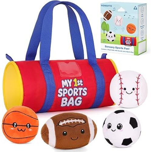 My 1st Sports Bag Plush Toy Playset with Soft Stuffed Balls, Basketball Baseball Football Soccer Ball Plush, Sensory Baby Toys for Toddlers Boys Girls (Sports Bag)