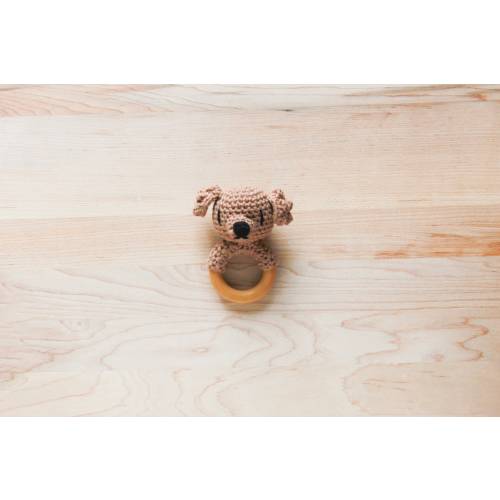 Crochet Goldendoodle Dog Rattle Wooden Teether – baby toy, handmade to order