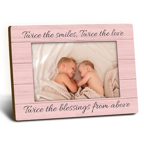 Foyoulame Twins Baby Items Picture Frame 4x6, Twin Mom Gifts Wooden Picture Frame, Twins Baby Gifts for Girls Boys Mom, Twice the Blessings Decorative Photo Frames for Table Desk Decor(Pink)