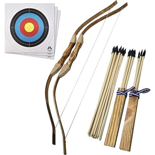 Adventure Awaits | 2-Pack Handmade Wooden Bow and Arrow Set | 20 Wood Arrows and 2 Quivers | for Outdoor Training and Practice