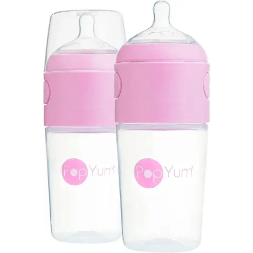 PopYum 9 oz Pink Anti-Colic Formula Making/Mixing/Dispenser Baby Bottles, 2-Pack with #2 Medium Flow Nipples, 260 ml, BPA-Free, Natural Latch