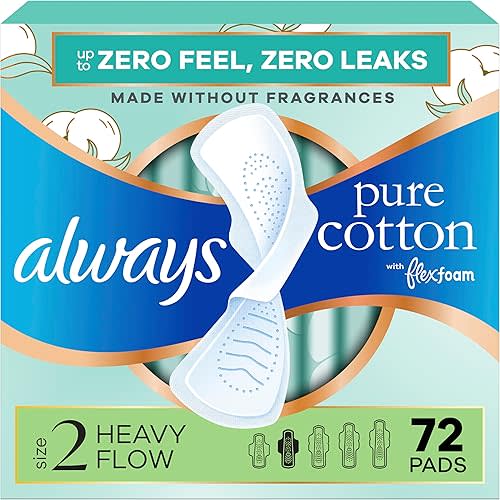 Always Pure Cotton Feminine Pads for Women, FlexFoam Pads with Wings, Size 2, Heavy Absorbency, Unscented, 72 Count (3 Packs of 24)