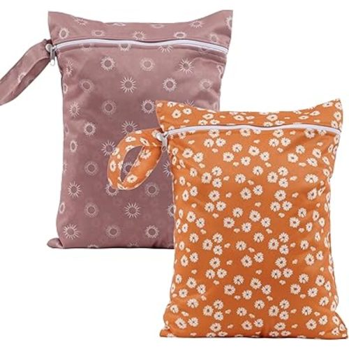 2Pcs Baby Wet Dry Bags for Cloth Diaper,Waterproof Reusable Travel Bags, Beach, Pool, Gym Bag for Swimsuits, Beach Vacation Essentials (White Flower Sun)