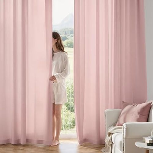 MIULEE Baby Pink Privacy Sheer Curtains That Let Light in 84 Inches Long Non-See-Through Semi Sheer Curtain Light Filtering Window Curtains Drapes for Living Room Bedroom 2 Panels Set 42 X 84