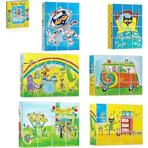 PicassoTiles Magnetic Tiles Pete the Cat Magnet Puzzle Cube Set 6 Cartoon Theme Mix and Match Brain Teaser STEM Educational Toy for Kids Toddlers Preschool Age 3 Plus Sensory Learning Play Kit PTC03