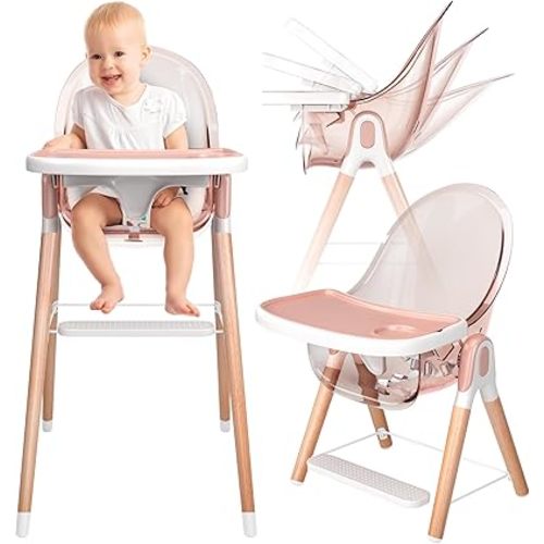 6 in 1 Deluxe Wooden High Chair for Babies & Toddlers, Modern Safe & Compact Baby Highchair, Easy to Clean & Assemble, Removable Tray, 6 Options 3 Seat Positions 2 Heights (Pink)