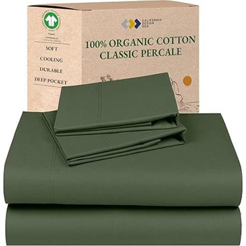 California Design Den 100% Organic Cotton Bed Sheets Queen Size Set - Crisp and Breathable Percale Queen Sheets, Deep Pockets, Lightweight and Durable Bedding - Olive Green
