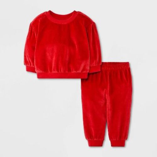 Baby Girls' 2pc Cozy Velour Sweatshirt and Jogger Pants Set - Cat & Jack™ Red 3-6M