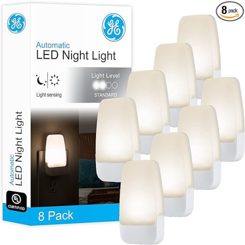 GE LED Night Light, Plug-in, Dusk to Dawn Sensor, Warm White, Ambient Lighting, Ideal Nightlight for Kids, Adults, Bedroom, Bathroom, Nursery, Hallway, Kitchen, 46478, 8 Pack