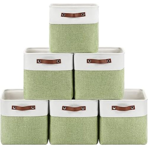 Collapsible Fabric Cube Storage Bins 11x11×11, Pack of 6 Closet Basket Boxes with PU Handles for Organizing Shelves, Toys, Clothes, Home, Office (White&Green)