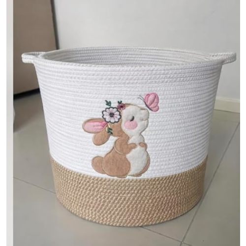INough Cotton Rope Basket Toy Storage Baskets for kids Laundry Hamper, Gift Basket Empty Baby Shower Baskets with Handles, Cute Bins Blanket Stuffed Animal Storage for Nursery (Bunny, Large)