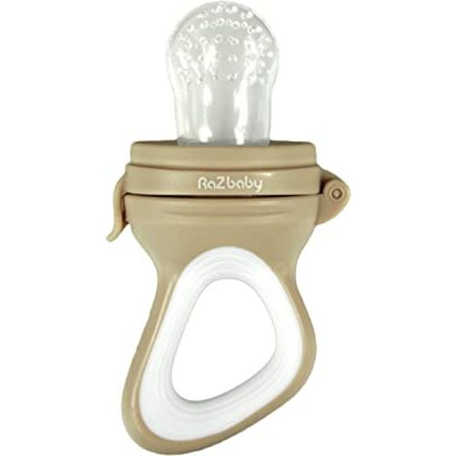 RaZbaby Baby Solids/Frozen Fruit Feeder Pacifier, Infant Teether Toy 6M+, BPA-Free Silicone Pouch & Nipple, Safely Introduce Solids, Natural Teething Relief, Dishwasher Safe, Freezable – Tan/White