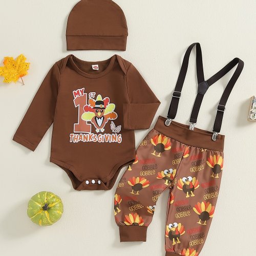 Baby Boy Thanksgiving Outfit Letter Turkey Print Long Sleeve Rompers and Suspender Pants Hat Set Spring 3pcs Clothes, Perfect for Outdoor