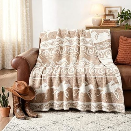 Buryeah 50×60 Inch Western Rodeo Reversible Knitted Throw Blanket, Southwestern Cowboy Knit Throw Blanket, Horse Horseshoe Pattern Rustic Ranch Decor Gift for Couch Sofa Bed