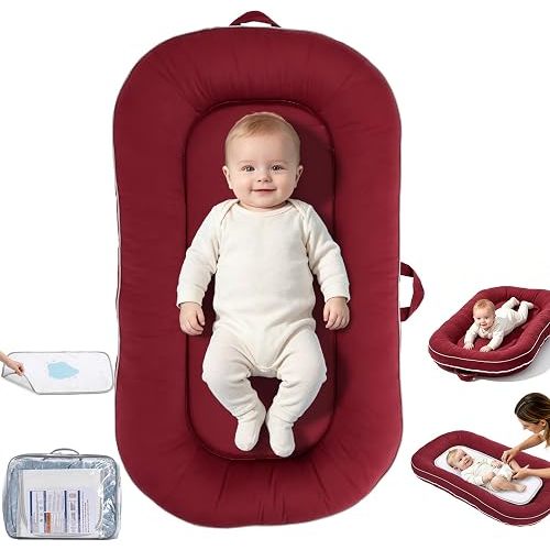 Baby Lounger 0-24 Months,Organic Cotton Nest with Diaper Pad,Red