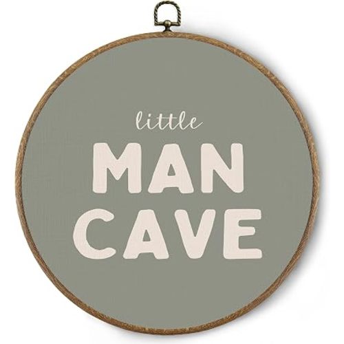 BitKAM Boy Nursery Round Wall Art Decor, Little Man Cave Boyhood Canvas Prints Framed, Funny Green Wall Hanging Decorations for Kids Boys Nursery Bedroom Playroom, 10x10 Inch Wall Sculptures