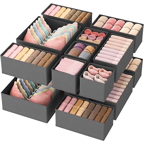 Lifewit 16 Pack Drawer Organizer, Dresser Underwear Drawer Organizer Bins, Foldable Fabric Closet Organizers, Storage Drawer Dividers, Dorm Room Essentials for Clothing, Socks, Towels, Ties Gray