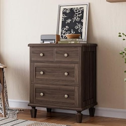 Garvee 4 Drawer Dresser for Bedroom, Vintage Dresser with Carved Handles and Tapered Legs Design, Wood Chests of Drawers with Large Capacity Storage, Dark Brown