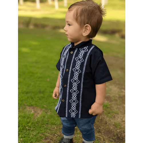 Mexican guayaberas for boys (black with white details, size 2)