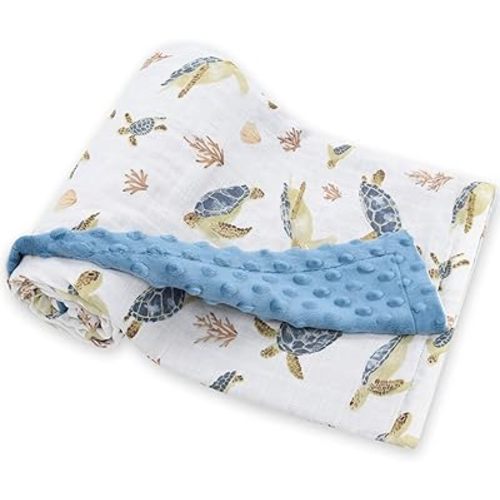 LifeTree Baby Blankets for Boys Girls, Soft Double Layer Swaddle Blankets, Muslin Front and Dotted Fleece Backing Receiving Bed Throw Blanket for Newborn Unisex, 31X40 Inches, Seaturtle