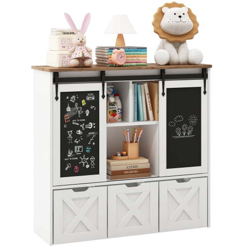 Vabches Toy Storage Organizer with 3 Drawers Kids Bookcase with Sliding Blackboard Storage Cabinet, White