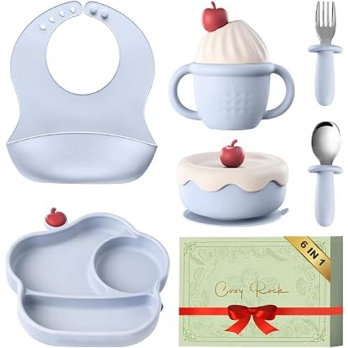 Silicone Baby Feeding Set, Gelato Collection Baby Led Weaning Supplies, First Self-Feeding Ice Cream Set, Silicone Suction Bowl with Cherry Lid & Plate