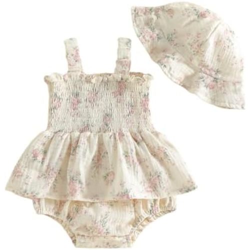 Ropa de verano para niñas recién nacidas, vestido de mameluco floral, lindo vestido fruncido, sombrero, ropa de primavera para bebés