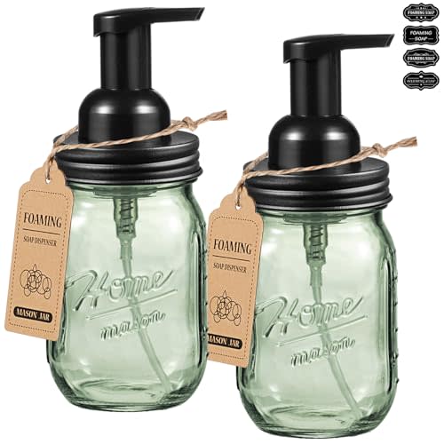 SheeChung 16oz Green Glass Mason Jar Foaming Hand Soap Dispenser, Black | 2 Pack Refillable Foam Soap Dispenser Bottle for Bathroom Kitchen, BPA-Free Pump, Stainless Steel Lid, Rustic Farmhouse Decor