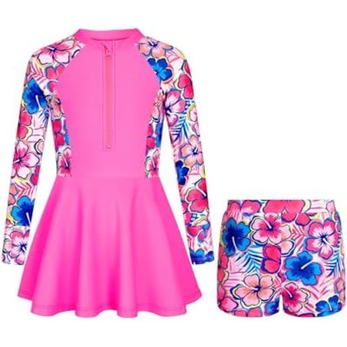 HOZIY Girls Long Sleeve Swimsuit Two Piece Rash Guard Dress with Swim Shorts Front Zip for Kids Tween Teens UPF 50+