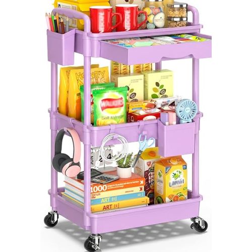 SUNALLY 3 Tier Rolling Cart with Drawer,Craft Storage Cart Organizer,Purple