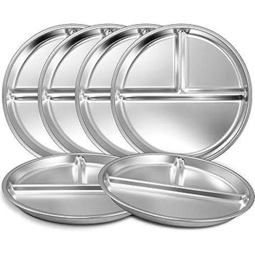 EWFEN Stainless Steel Toddler Plate Set of 6, 9" Portion Control Plates Divided Plate for Adults Kids Balance Lunch, Non Slip | Unbreakable Toddler Baby Feeding Set Dishwasher Safe