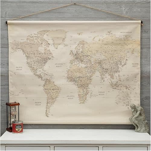 Hobby Lobby Vintage World Map Tapestry Wall Decor, Beige Canvas, 35 x 47 inches