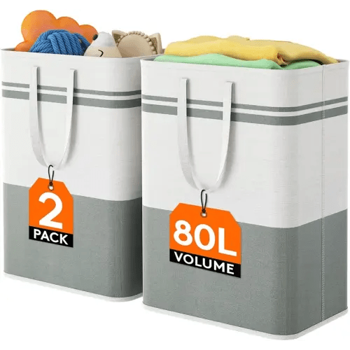 Lifewit 2 Pack 80L Large Freestanding Laundry Hamper, Collapsible Laundry Basket with Easy Carry Handles, Waterproof Tall Clothes Hamper for Laundry Dorm Bedroom Bathroom, Grey-White