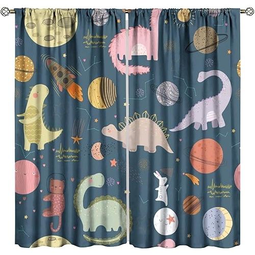 Dinosaur Curtains,Space Rocket Planet Cartoon Cute Funny Dino Pattern Blackout Rod Pocket Window Drapes for Kids Children Bedroom Living Room Kitchen 42x63 Inch