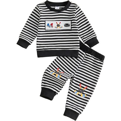 Baby Boy Hockey Outfit Long Sleeve Crew Neck Striped Hockey Embroidered Sweatshirt Pants Toddler Winter Clothes
