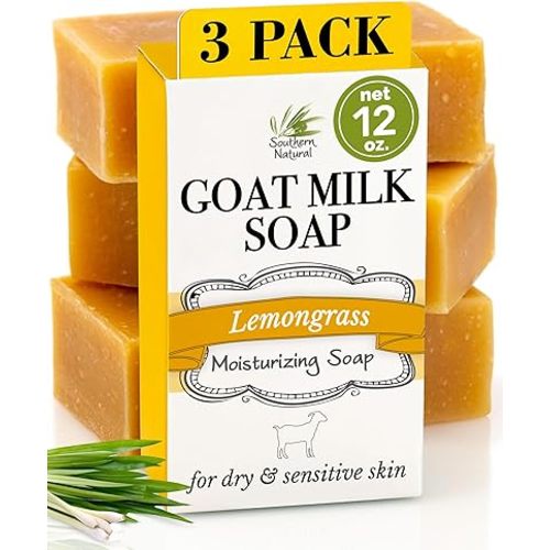 Southern Natural Goat Milk Soap Bar (Lemongrass 3 Pack) For Dry Sensitive Skin. Natural, Handmade Soap For Men, Women, Kids & Baby. Use On Face & Body