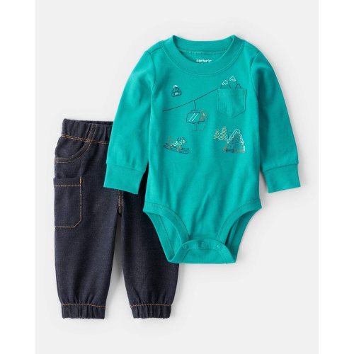 Baby Boy 2-Piece Skiing Print Long-Sleeve Bodysuit & Pant Set