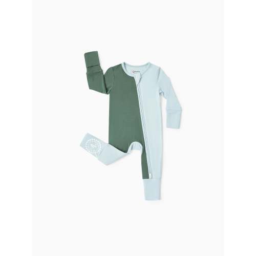 Bamboo Baby Boy / Girl Color Block 2-Way Zipper Anti Slip Long Sleeve Rompers Green