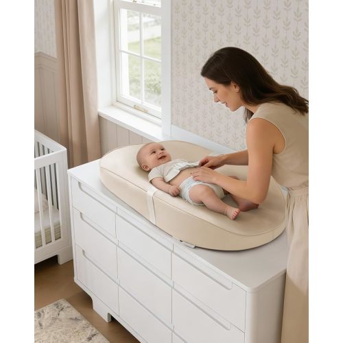Blissful Diary Vegan Leather Baby Changing Pad with Waterproof & Wipe-Clean PU Cover, Avocado Size Cozy Diaper Changing Pad for Dresser and Table, Beige