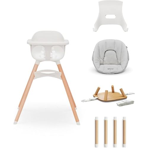Lalo The 3-in-1 High Chair Kit - Convertible Wooden High Chair for Babies & Toddlers with Infant Support, Cushion, Booster Conversion Kit & Play Legs, Adjustable Footrest - Coconut
