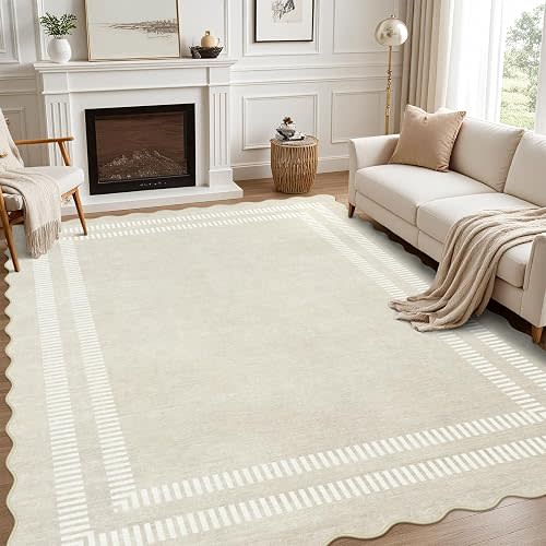LORWER Washable 8x10 Area Rugs for Living Room, Solid Ivory Ultra-Thin Bedroom Rug Non-Slip Dining Room Rugs, Soft Scalloped Carpet for Nursery Kids Room Office