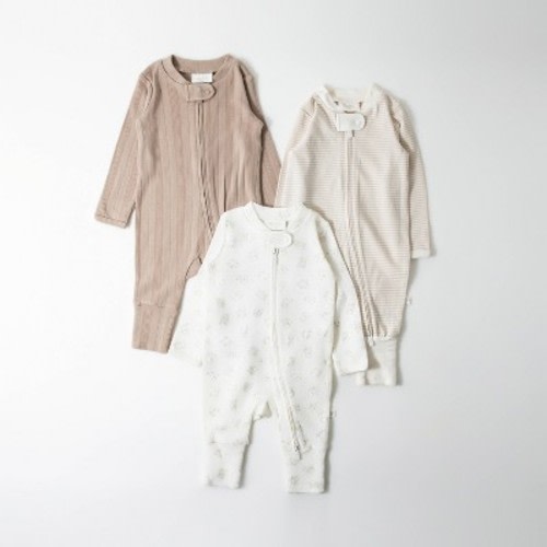 Picolette by Olivia Culpo Baby 3pk Long Sleeve Pajama Romper fold over footie cuff - Beige/White 6-9M