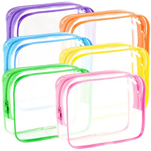 6 Pieces Clear Makeup Bags Bulk, TSA Approved Toiletry Bag Clear Cosmetic Toiletries Pouch with Zipper, Waterproof Vinyl Plastic Organizer Case for for Women Carry-on Travel Essentials